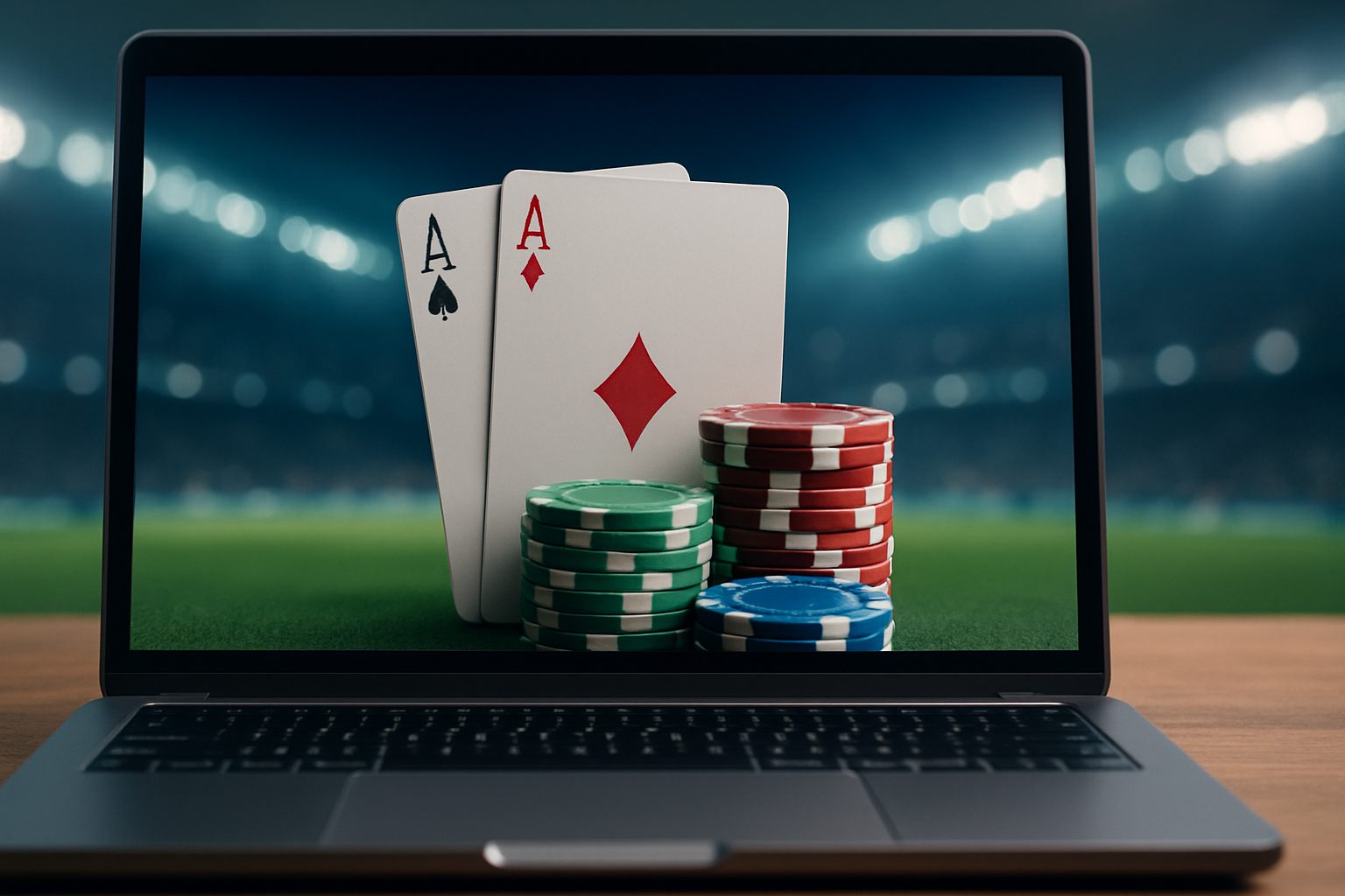 Laptop screen displaying playing cards and poker chips