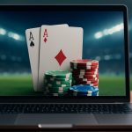 Laptop screen displaying playing cards and poker chips