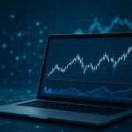 A laptop displaying financial charts and market data on a dark, technological background