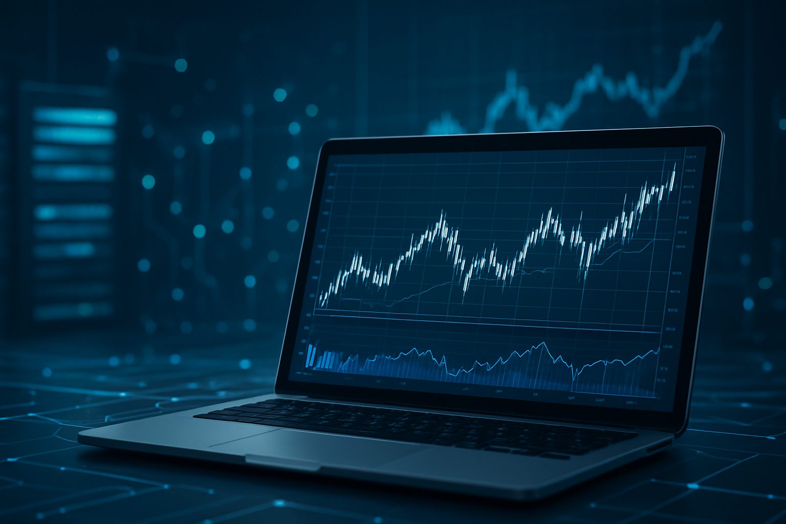 A laptop displaying financial charts and market data on a dark, technological background